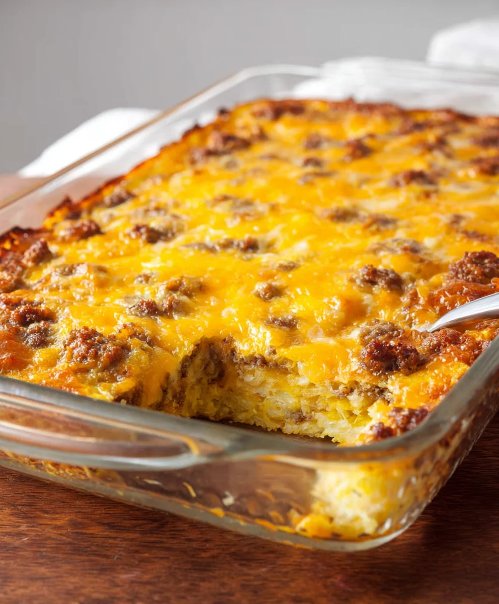 Cheesy Beef Sausage Hashbrown Casserole-Overnight Recipe