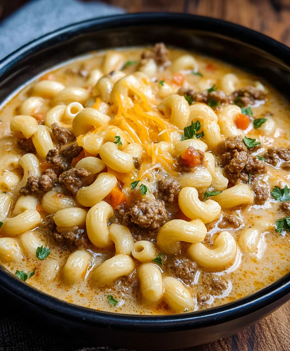 Cheeseburger Macaroni Soup-Creamy Beef Comfort Bowl