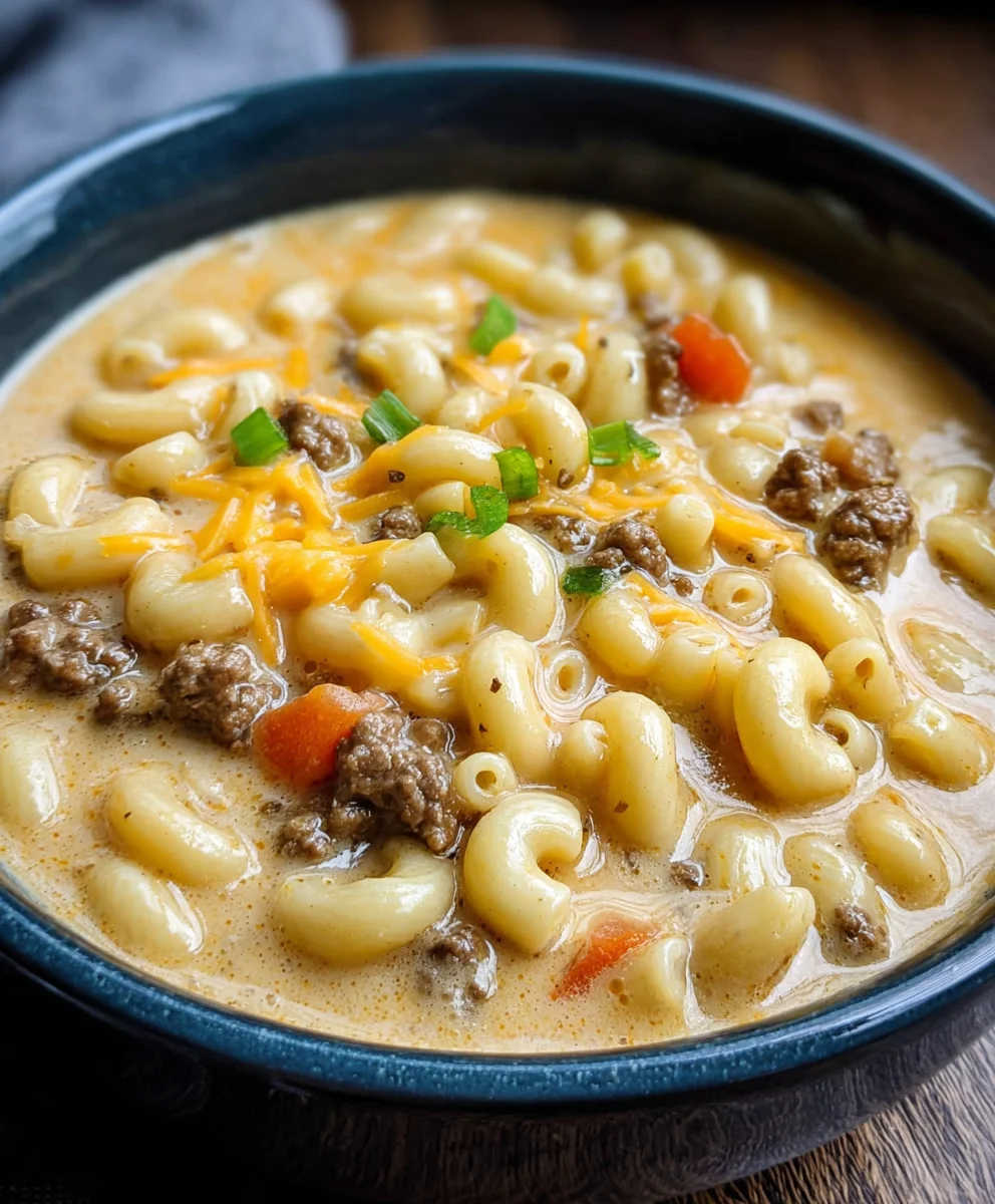 Cheeseburger Macaroni Soup-Creamy Beef Comfort Bowl