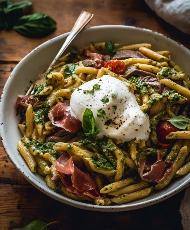 Creamy Basil and Garlic Pasta with Beef Beef Prosciutto and Burrata — Inspired With A Twist