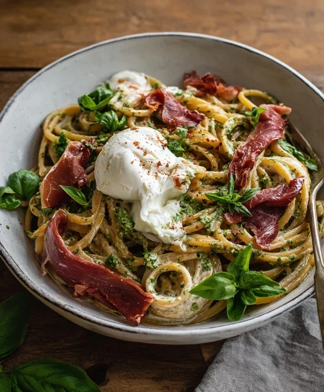 Creamy Basil and Garlic Pasta with Beef Beef Prosciutto and Burrata — Inspired With A Twist