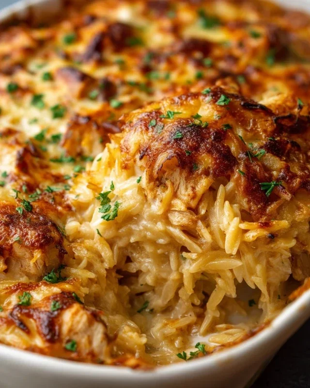French Onion Chicken Orzo Casserole