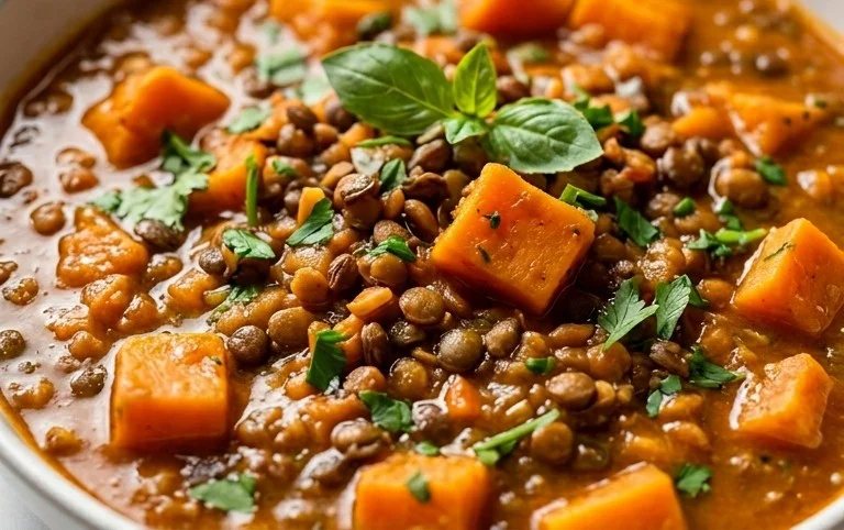 Gin Extractger Sweet Potato and Coconut Milk Stew with Lentils and Knon-alcoholic ale