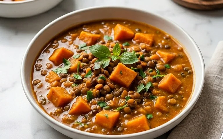 Gin Extract Extractger Sweet Potato and Coconut Milk Stew with Lentils and Non-Alcoholic Ale