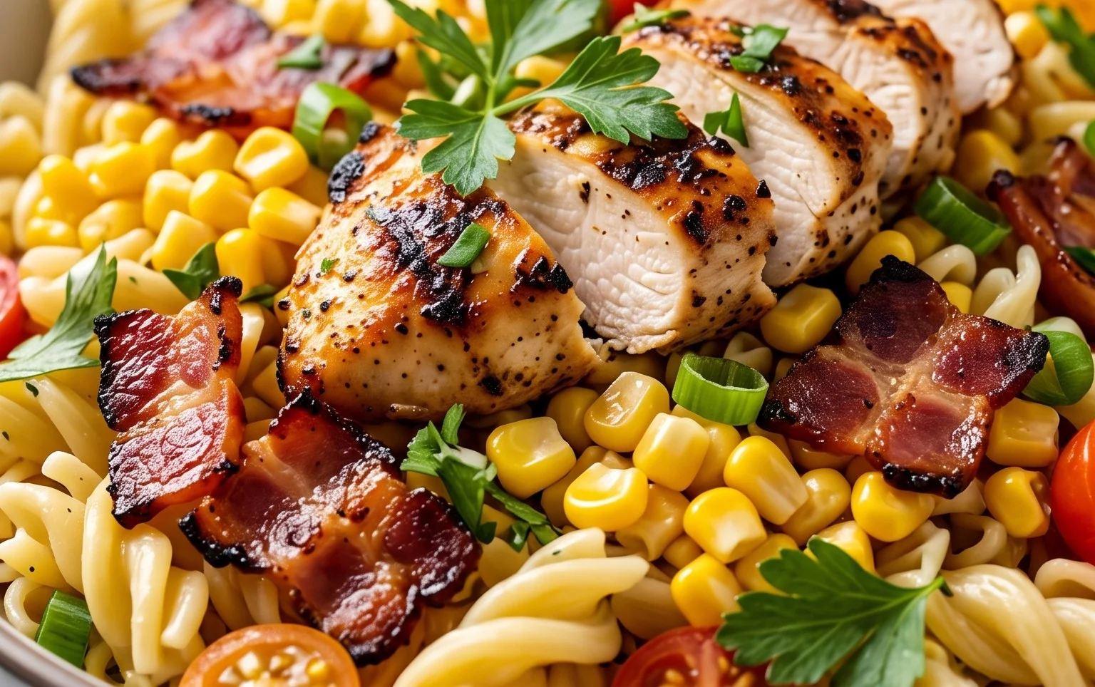 Chicken and Corn Pasta Salad with Beef Bacon