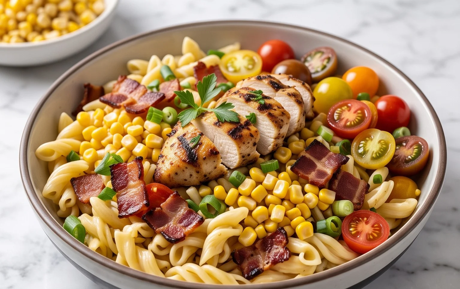 Chicken and Corn Pasta Salad with Beef Bacon