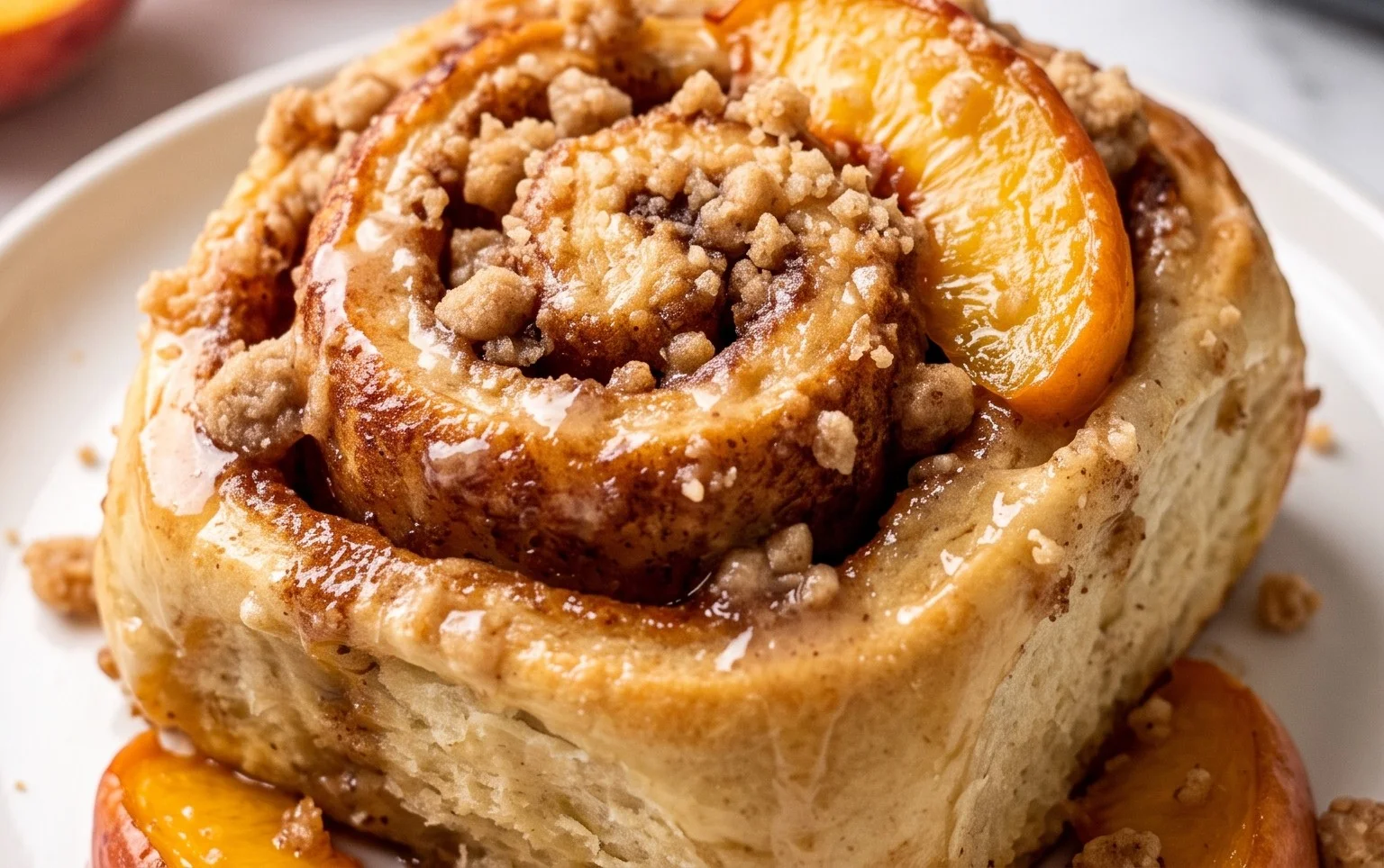 Peach Cobbler Cinnamon Rolls with Crum extractb Topping