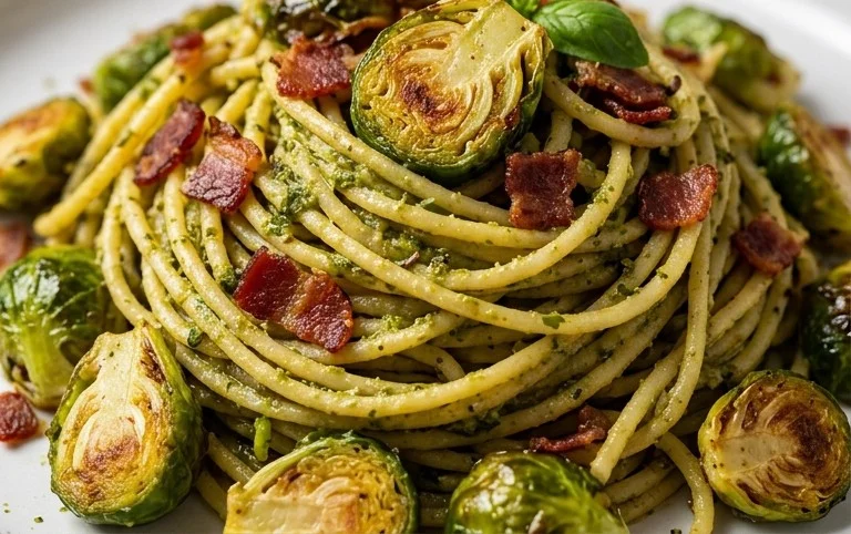 Brussels Sprouts and Beef Bacon Pesto Pasta