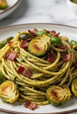 Brussels Sprouts and Beef Bacon Pesto Pasta
