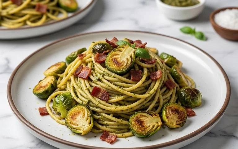 Brussels Sprouts and Beef Bacon Pesto Pasta