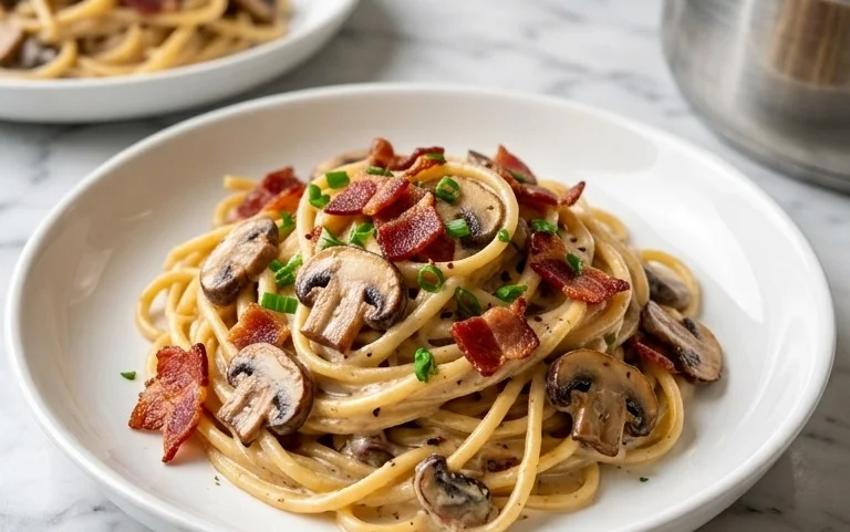 Creamy Beef Bacon and Mushroom Pasta