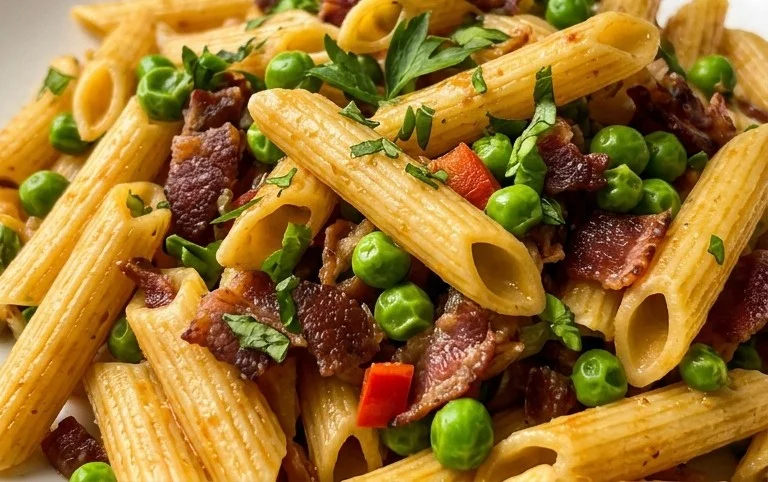 Penne Pasta, Peas and Beef Bacon