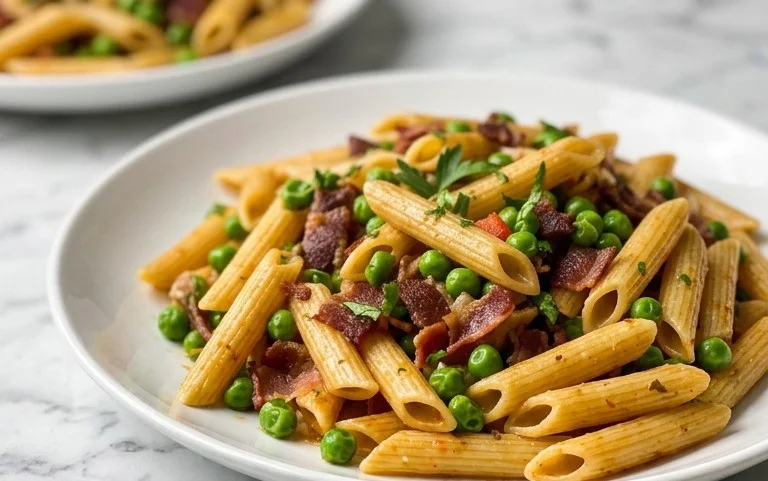 Penne Pasta with Peas and Beef Bacon
