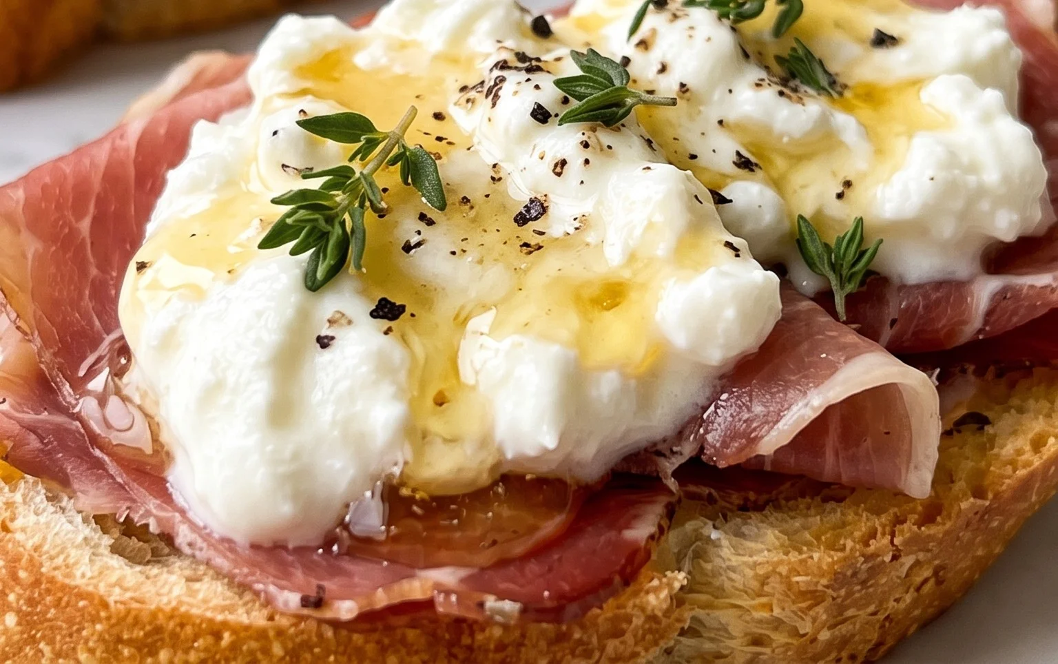 Beef Prosciutto Crostini with Burrata and Lemon Honey Drizzle