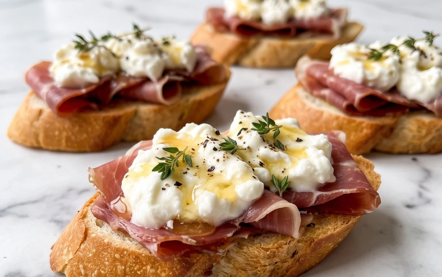Beef Prosciutto Crostini with Burrata and Lemon Honey Drizzle
